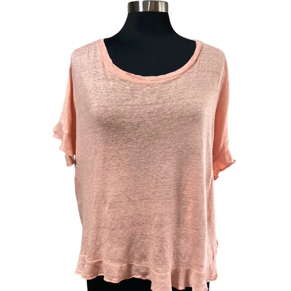Eri + Ali Peach 100% Linen Top Crossover Back Ruffled Hem & Sleeves LARGE - Picture 2 of 8